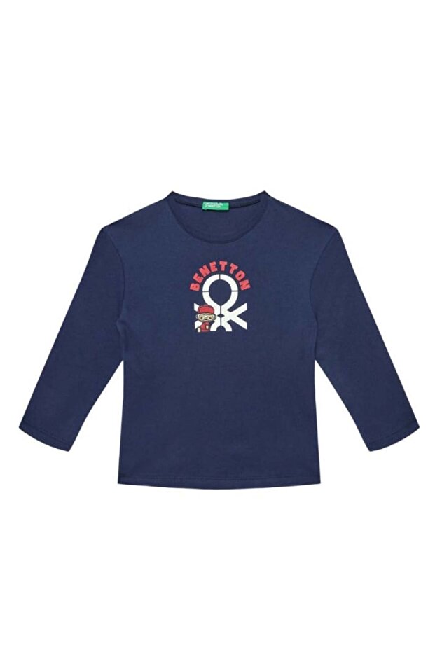 Boy's navy blue multi-color logo printed bicycle collar long sleeve t-shirt