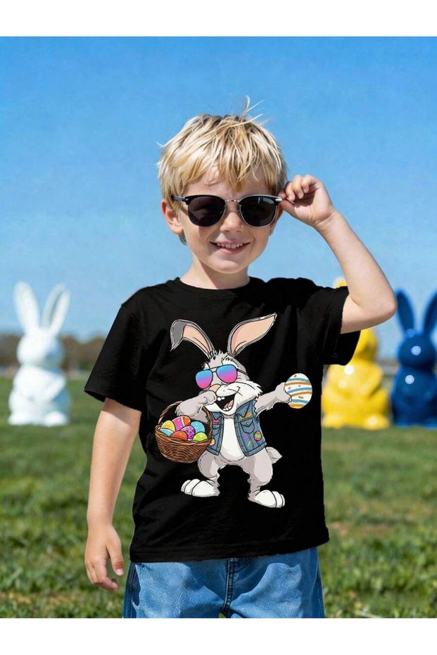 Easter Bunny Printed Crew Neck 100% Cotton Short Sleeve Kids and Teenagers T-Shirt