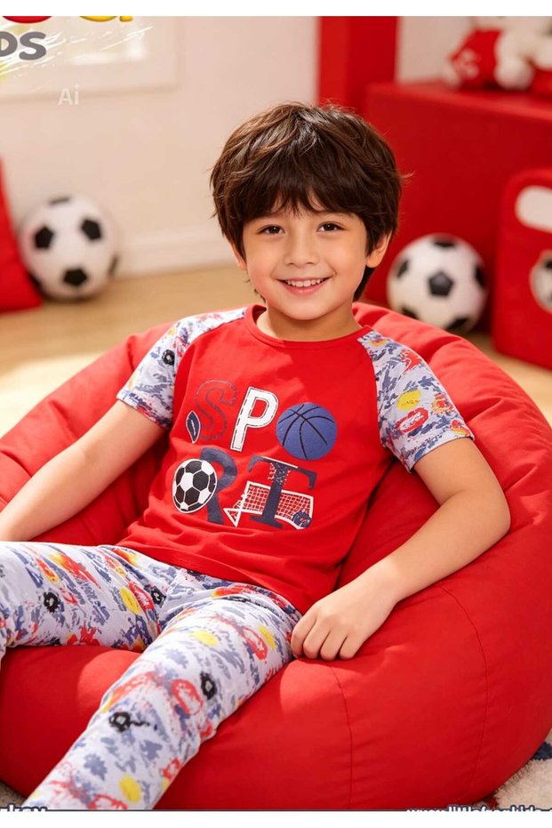 Football Themed Red & Gray Color Cotton Combed Cotton Crew Neck Elastic Cuff Boys' Pajama Set