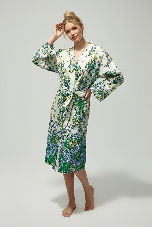 Women's Green Mixed Floral Belted Midi Length Long Kimono 60350