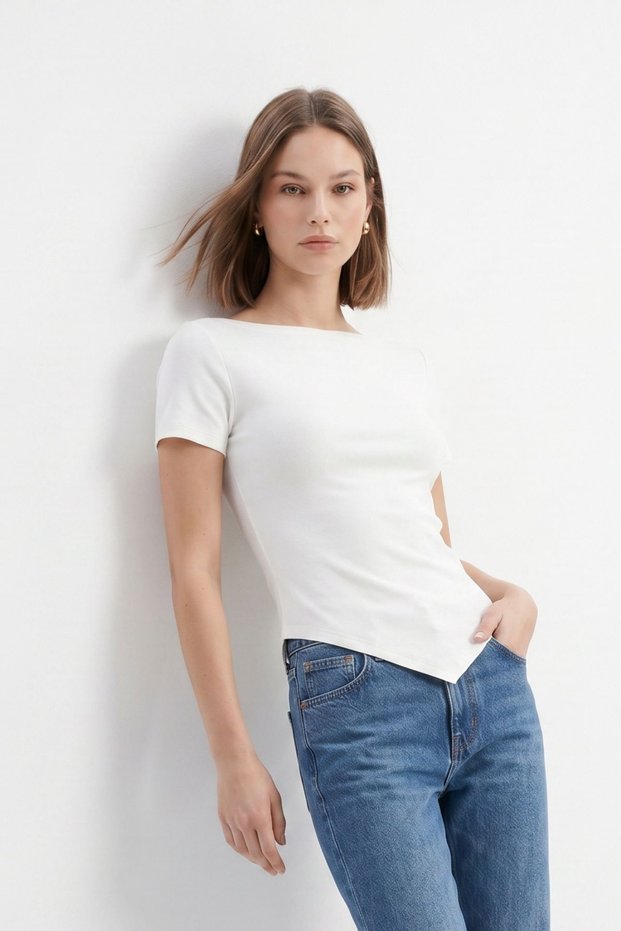 Ecru Boat Neck Asymmetrical T-Shirt 0459