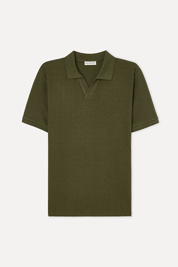 Men's Green Polo Collar Textured T-Shirt