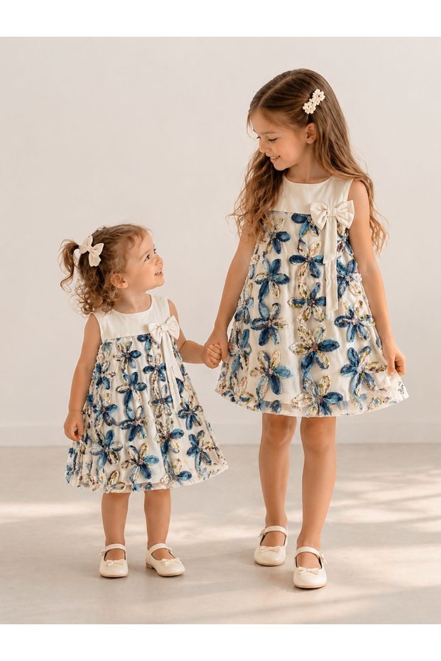 Girl's Tulle Dress Festive Floral Patterned Bow Detailed Lined Evening Dress