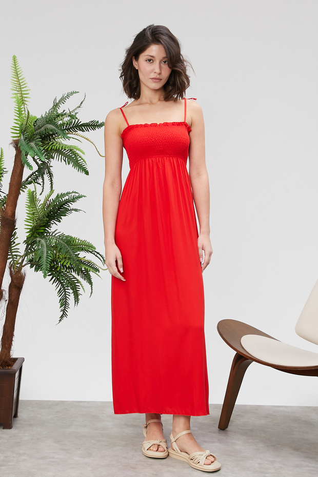 Patterned Cotton Long Summer Women's Dress with Shoulder Straps and Gathered Details