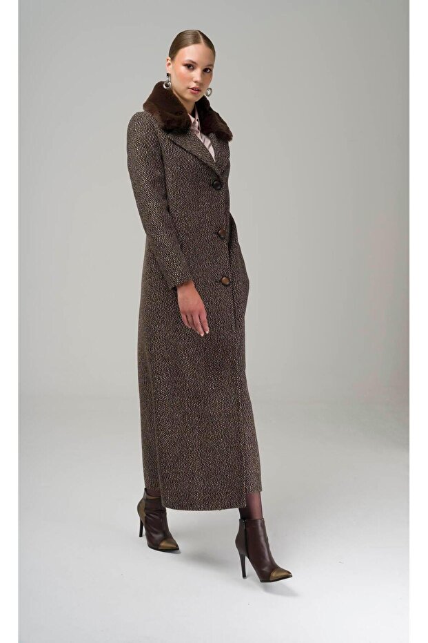 Furry Herringbone Patterned Coat with Detachable Collar BROWN 3789-Y
