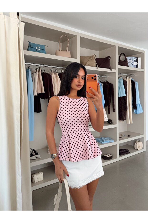 Polka Dot Patterned Volan Blouse - Pink