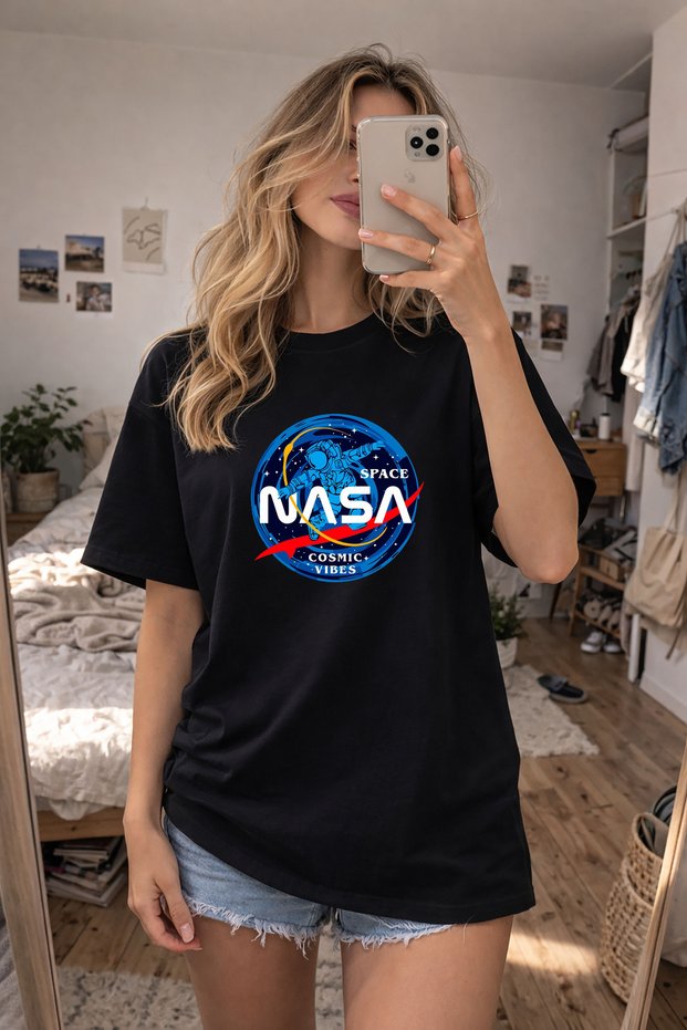 Nasa Printed Crew Neck Black T-Shirt
