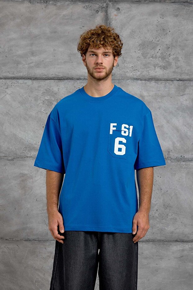 Men's T-Shirt F61 Print Blue Oversize Printed Crew Neck Cotton