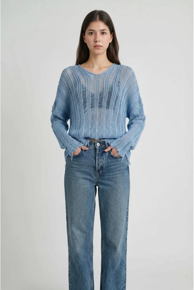 Women's Baby Blue Ripped Detailed Loose Knit Sweater Bohemian Pinterest Style Openwork
