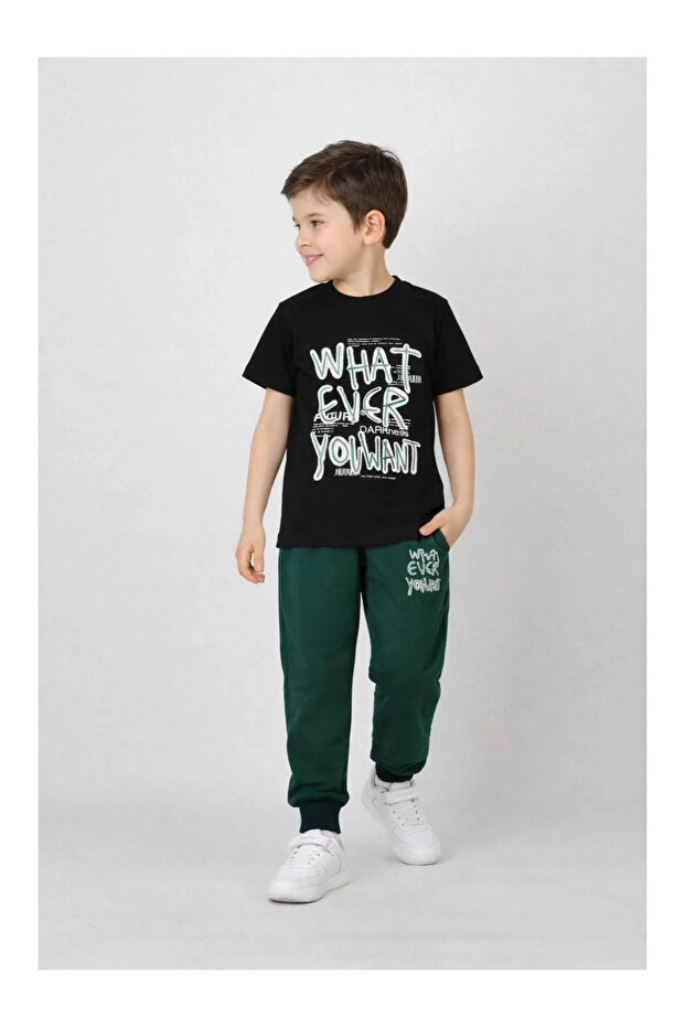Text Printed Green Long Bottomed Boys' Summer Suit