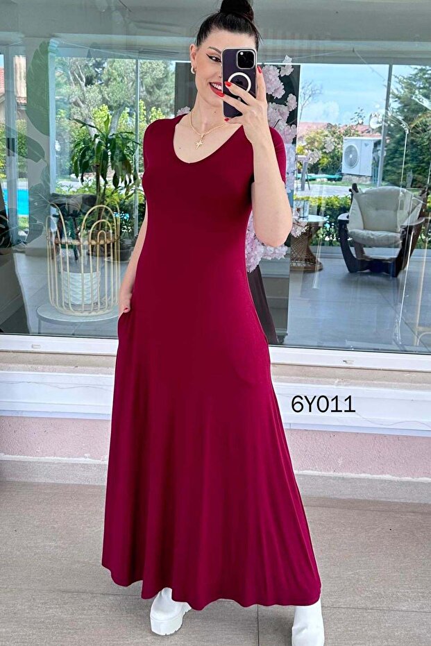 V-Neck Pocketed Viscose Combed Cotton Dress 6Y011
