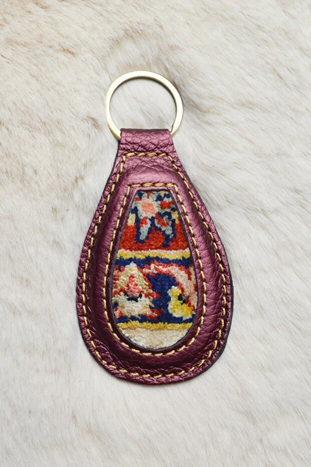 Handmade Burgundy Color Keychain from Antique Silk Carpet