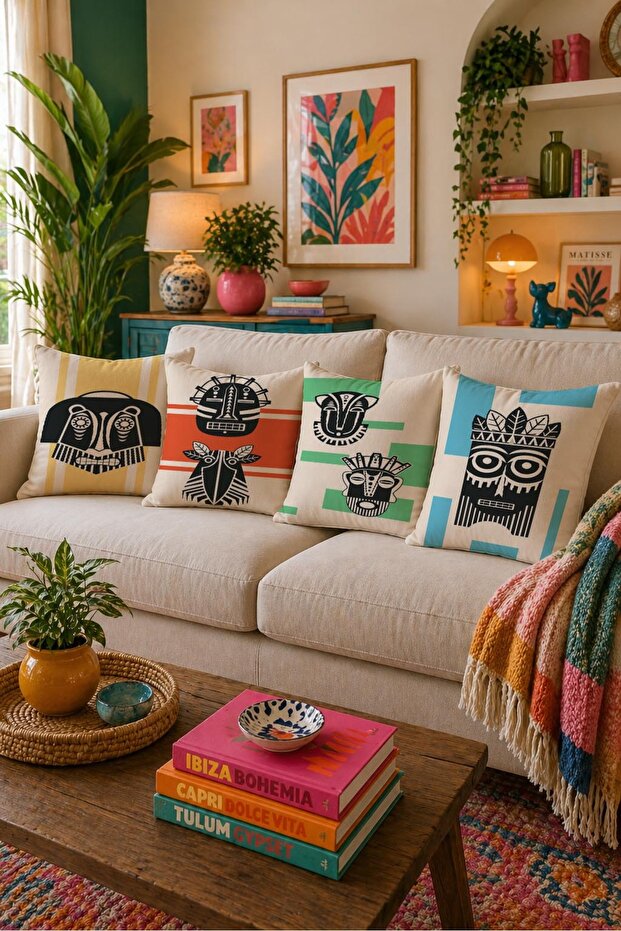 Beige Orange Mint Ethnic Mask Patterned Double-Sided Set of 4 Throw Pillow Covers 43X43