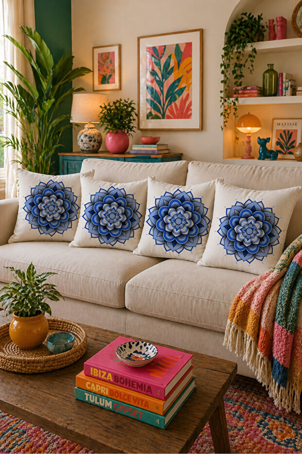 Mandala Throw Pillow Cover Set of 4 Blue Decorative Design