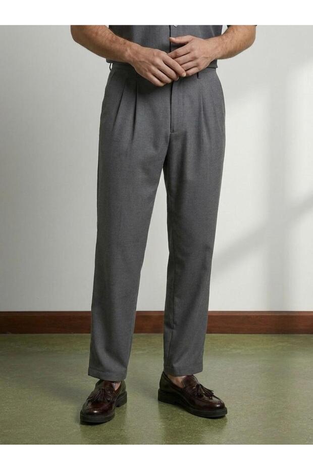 Men's Comfortable Fit Old Money Pleated Cotton Trousers Anthracite 6001Dngr