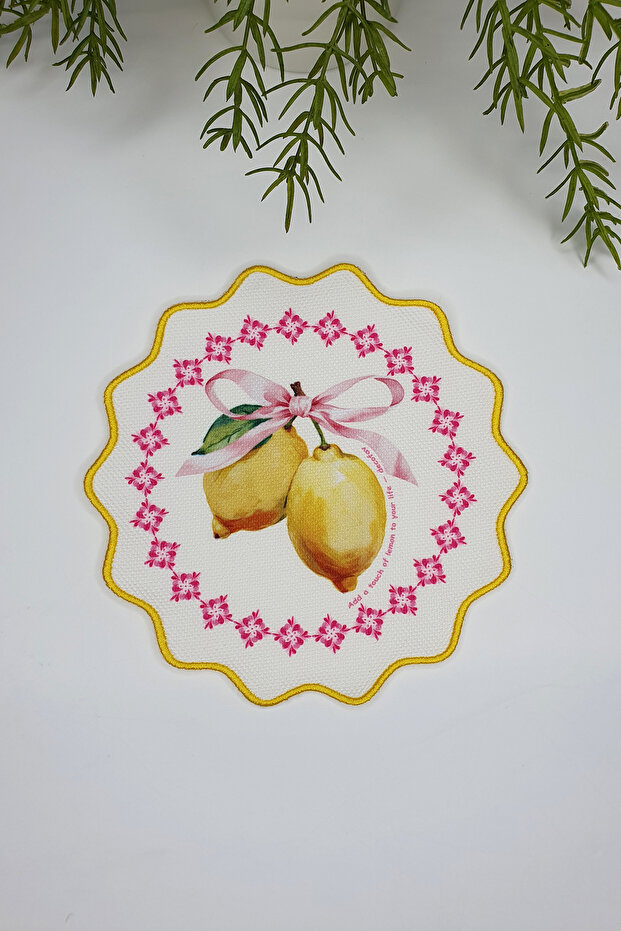 Pink Ribbon Lemon and Floral Patterned Embroidery Edge Cocktail Napkin 1 Piece