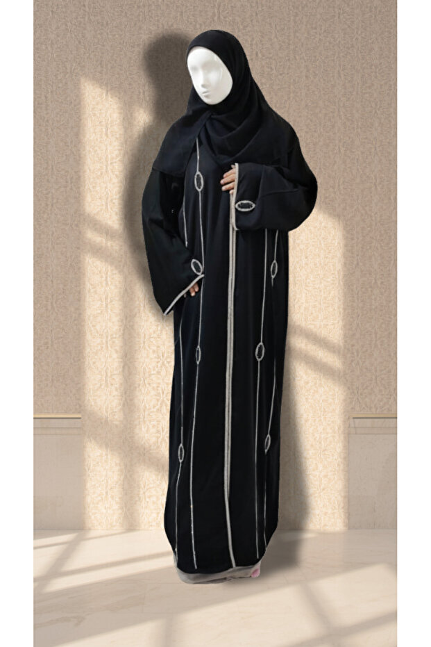 Black Nida Material Abaya Silver Diamond Work