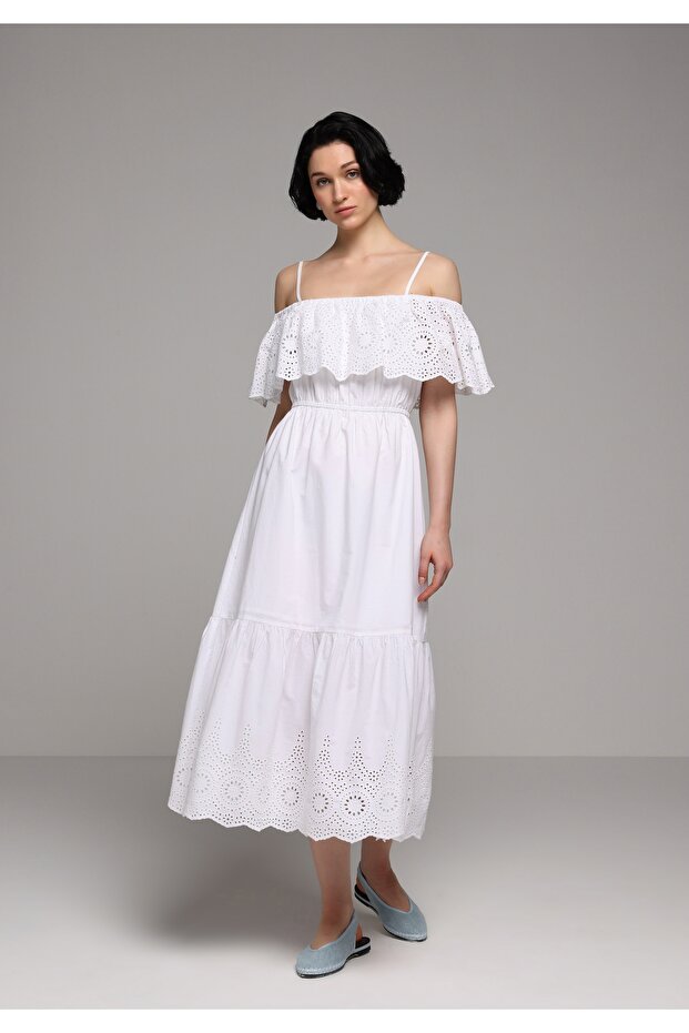 Regular Fit Jacquard Women's White Sleeveless Dress