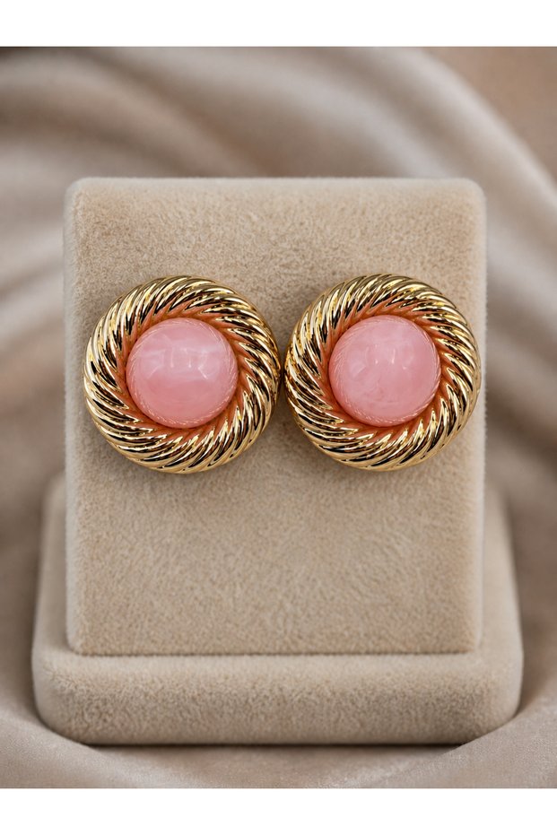 Teamu Pink Natural Stone Look Gold Color Vintage Twisted Form Gold Earring Set