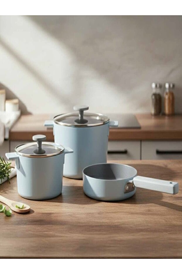 ,5pc cooking set,glass lid,integrated hand,non stick,suitable all kind of stove,Light Blue