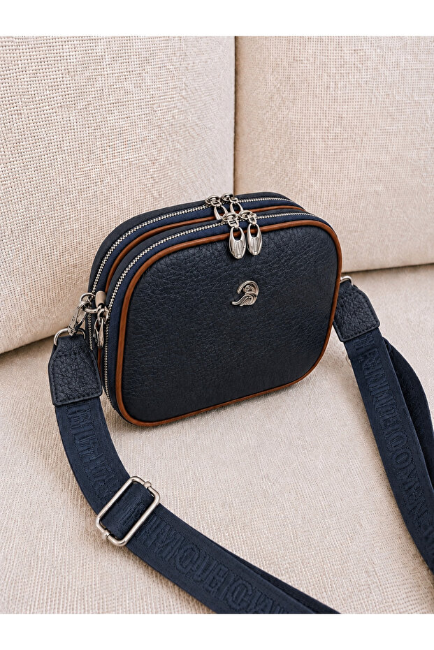 Women's Navy Blue-Tan Multi-Compartment Cross Shoulder Bag with Adjustable Strap Daily Use Zipper Bag