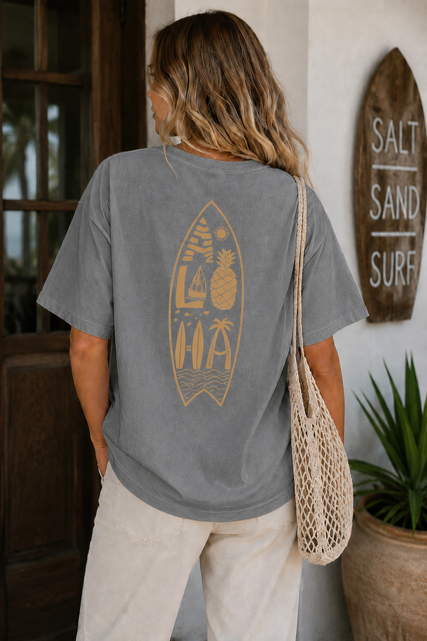 Surfboard Back Print Unisex Oversize T-Shirt – Cotton Crew Neck Casual T-Shirt