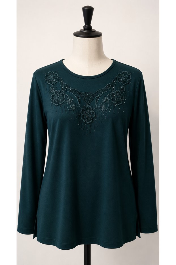 Women's Stone Embellished Mother Combed Cotton Blouse with Collar and Sleeve Details (New Season - 2026)