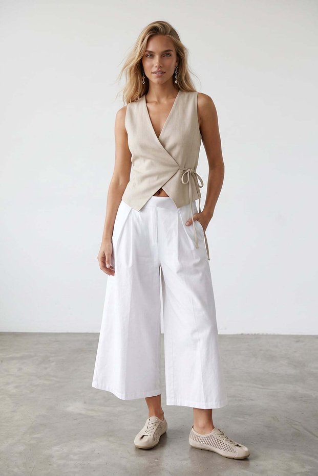 Women's Ecru Double Pocket Pleated Waist Lined Poplin Capri Trousers Alc-X15518