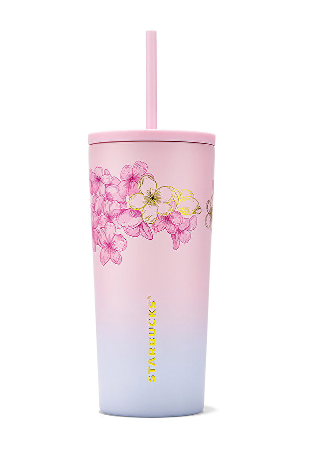 Sakura Series Stainless Steel Cold Drink Cup with Straw Soft Textured Pink 592 ml