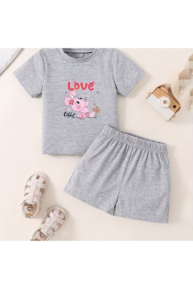 Summer Love Printed Girls' Gray Shorts and T-Shirt Set