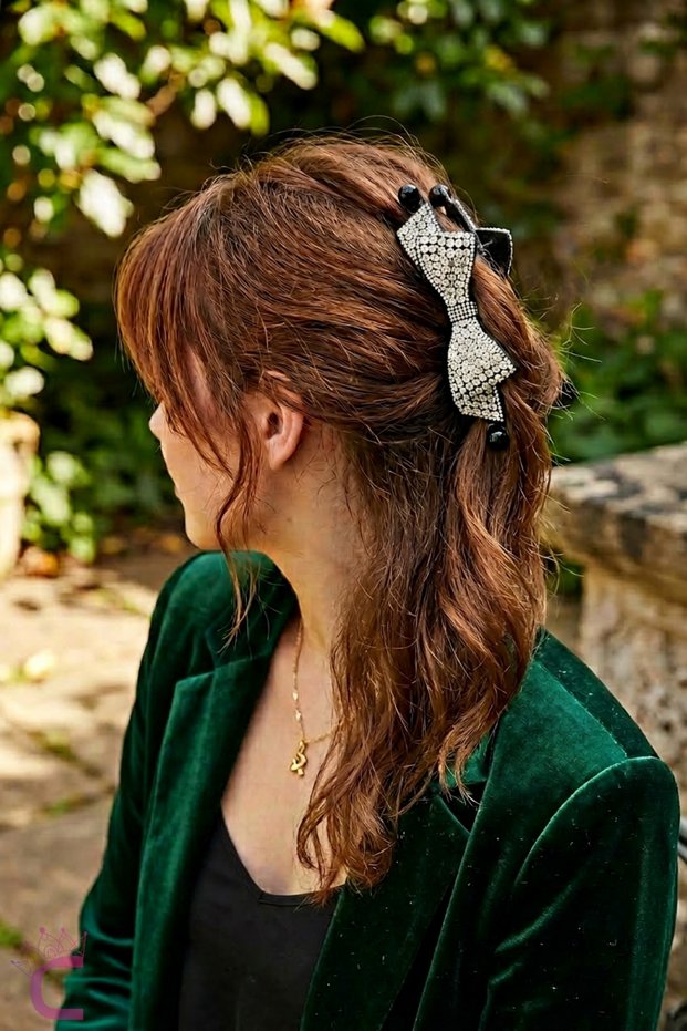 Elegant Bow Design Silver Zircon Stone Women's Banana Hair Clip 11cm - Non-Slip Clip-In Hair Clip