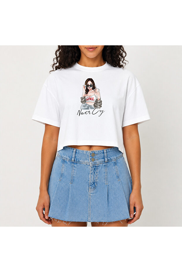 Crop T-Shirt White Printed Relaxed Fit Raw Cut Basic Short Tshirt