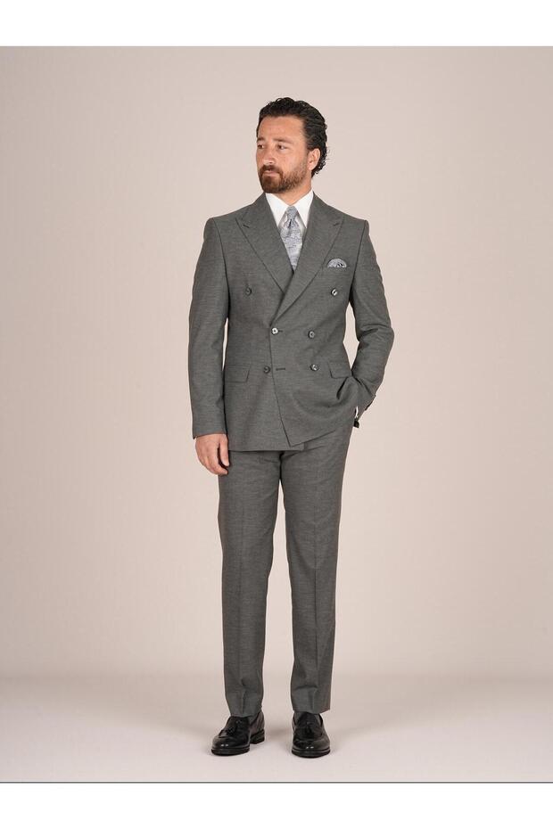 Men's Slim Fit Italian Style Wool Woolen Fabric Double Breasted Suit Jacket Pants