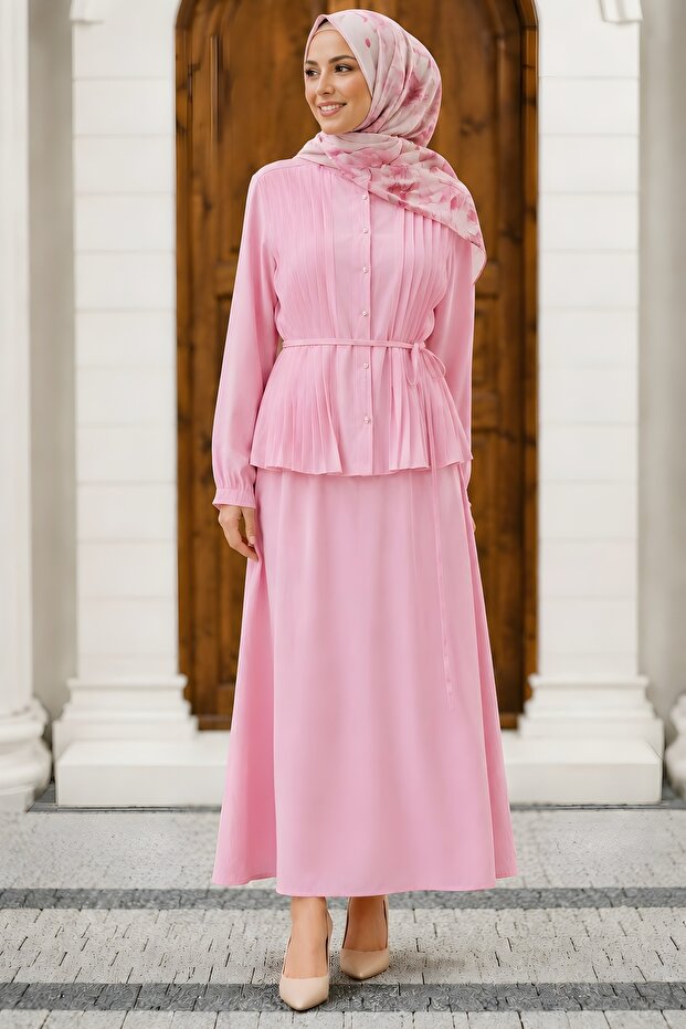 Pink Hakim Collar Ribbed Modal Woven Skirt Suit