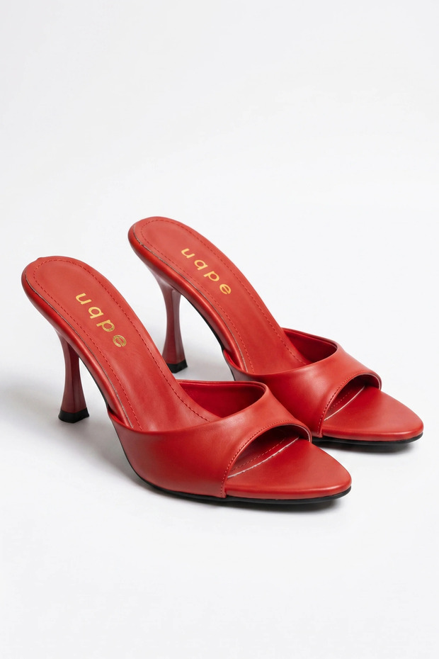 Lumia Single Strap Pointed Toe Goblet Heeled Slippers - Red Skin