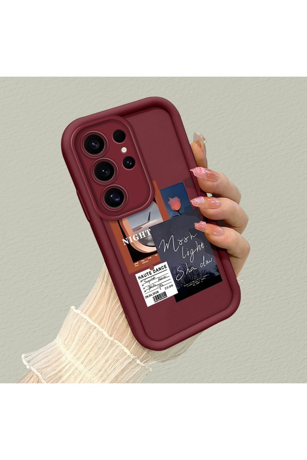 Samsung Galaxy S24 Ultra Compatible Burgundy Frame Vintage Photo Collage Motif Flexible Silicone Case