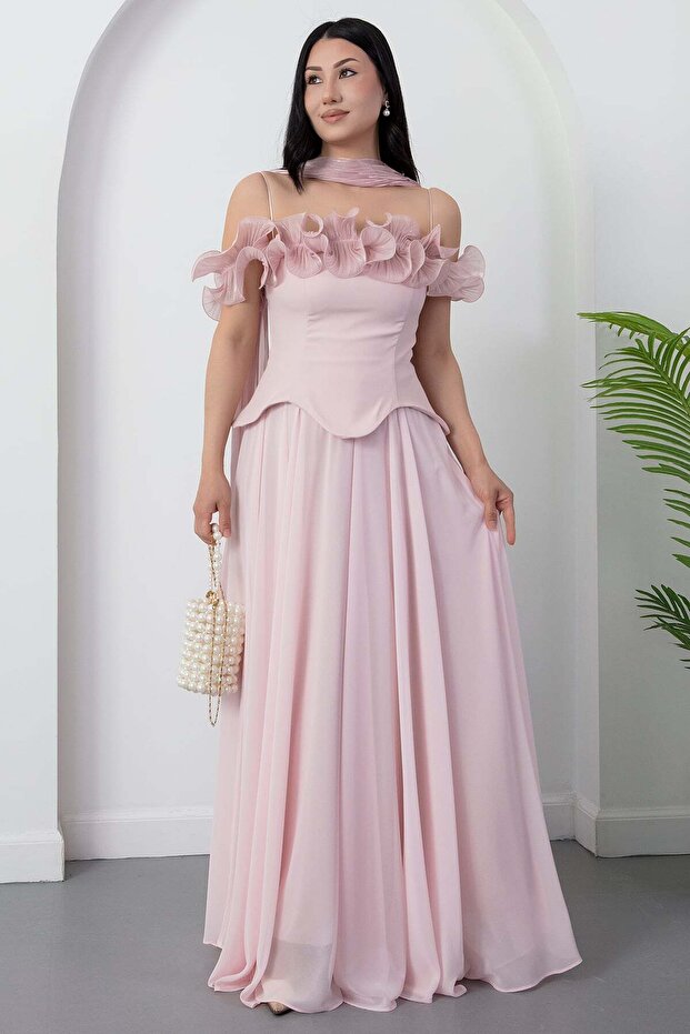 Strapless Collar Ruffle Chiffon Dress Drp562