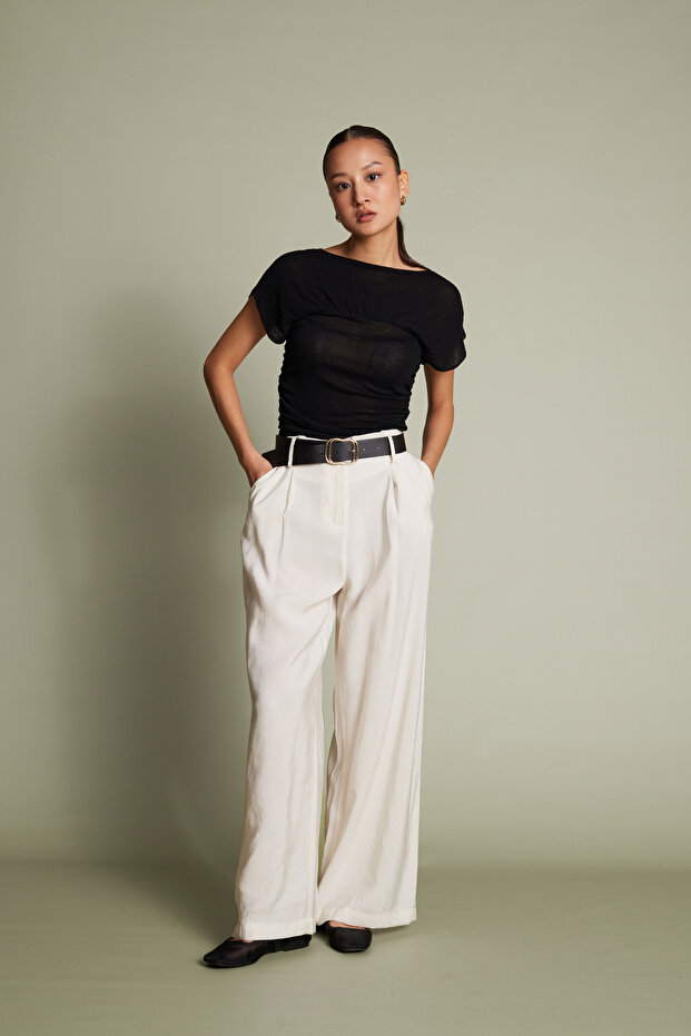 Belted Pleated Pants Ecru