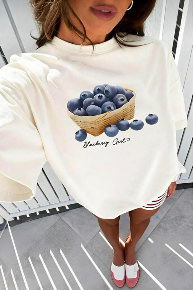 Blueberry Girl Design Printed Cotton Oversize Women's T-Shirt