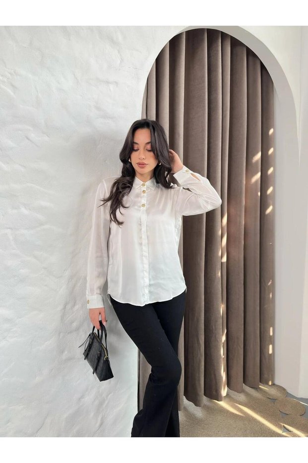 Women's Soft Satin Textured Gold Foil Button Detailed Stylish Shirt