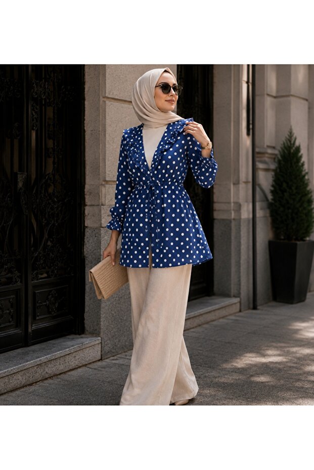 Women's Polka Dot Long Sleeve Ruffle Detailed Ribbed Cardigan