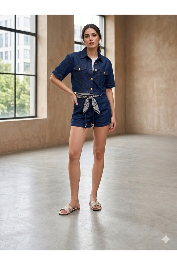 Women's High-Waisted Denim Shorts Set