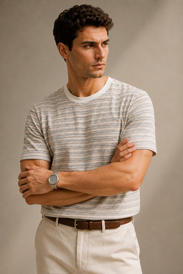 Men's Ecru Striped Textured Fabric Crew Neck T-Shirt
