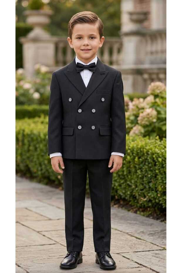 Kruvaze Cut-Out Checked Fabric Shirt with Bow Tie Children's Suit