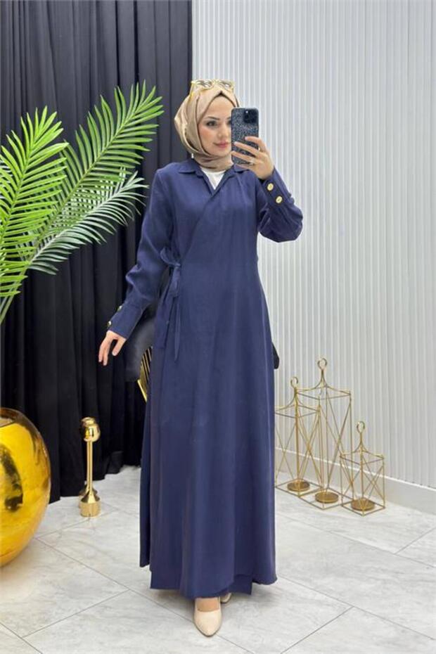 Women's Navy Blue Cuff Detailed Embellished Hijab Ferace Dress --- Nms097