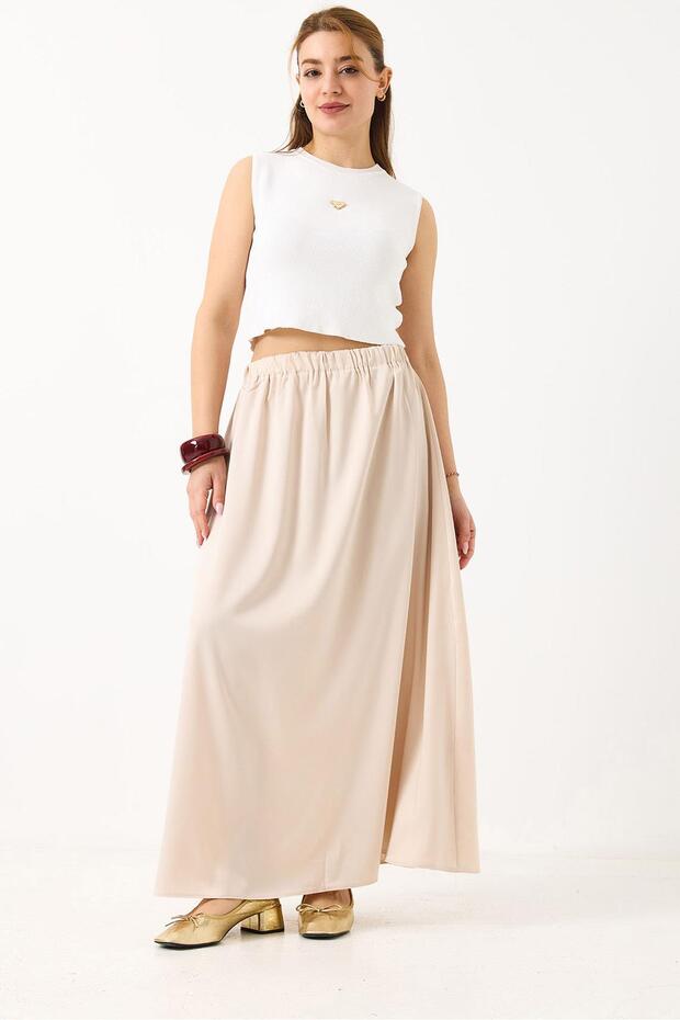 Women's Long Elastic Waist Flared Satin Skirt Cream