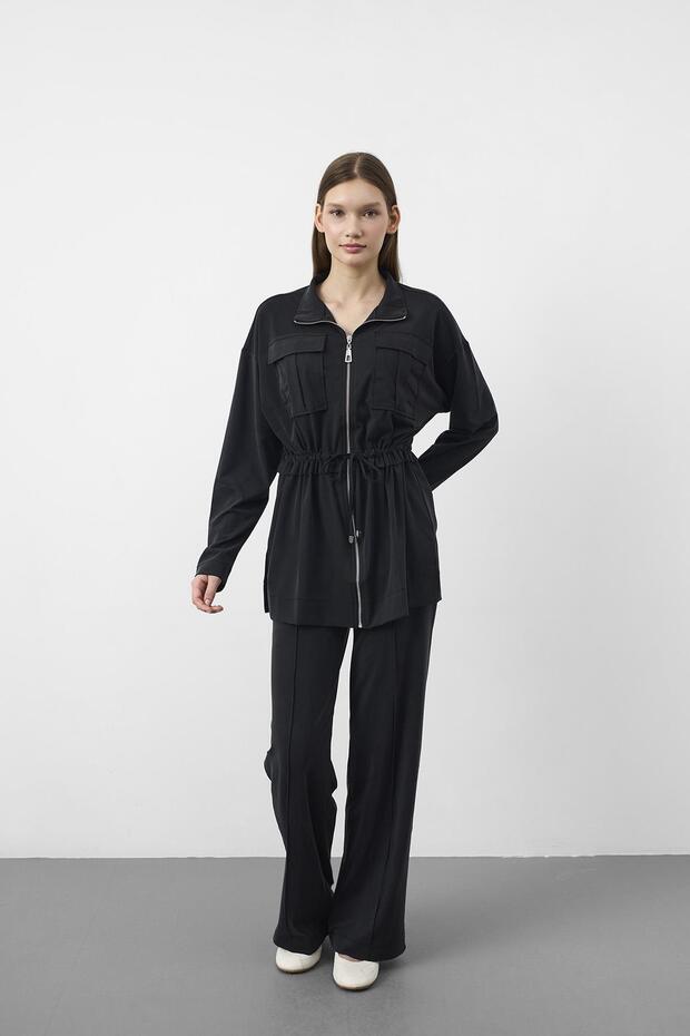 Black Tencel Flowy Texture Adjustable Waist Pre-Stitched Jacket and Pants Set
