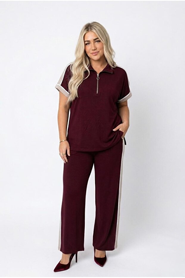 Women's Plus Size Short Sleeve Half Zipper Garnished Tracksuit Set 8261-26