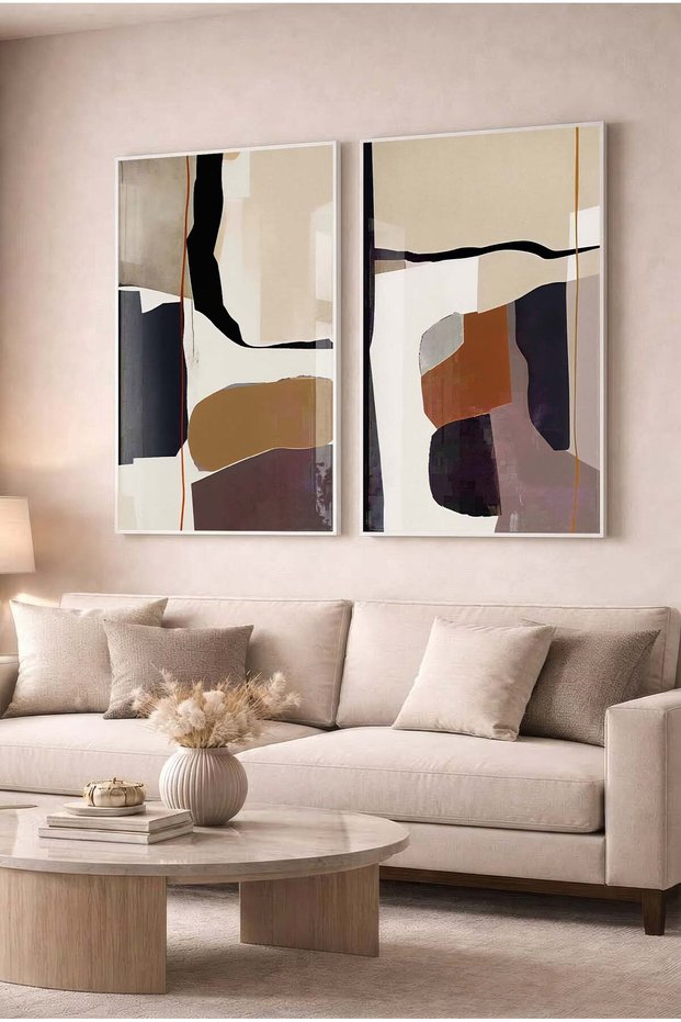 Beige and Earth Tones Geometric Abstract Set of 2 Glass Paintings - White Metal Framed Home and Office Art