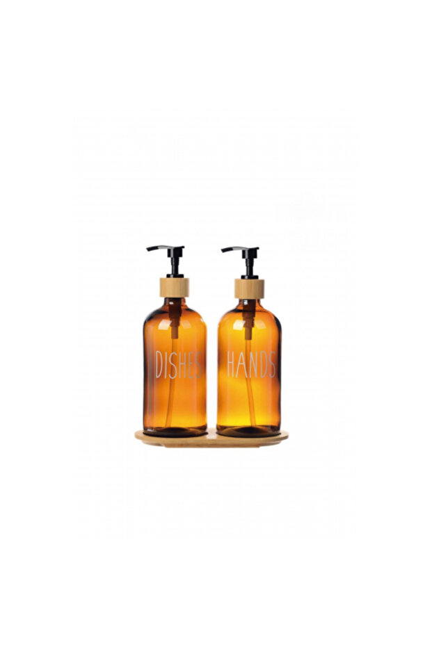 Amber Glass Double Liquid Soap Dispenser Set 500 ml with Bamboo Base